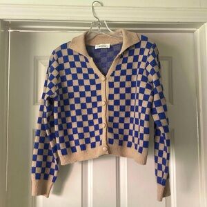 Checkerboard Knit Sweater - Blue and Tan